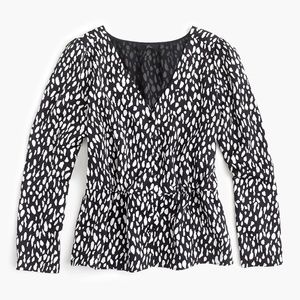 J.Crew Long-sleeve peplum top in black and white printed satin-crepe